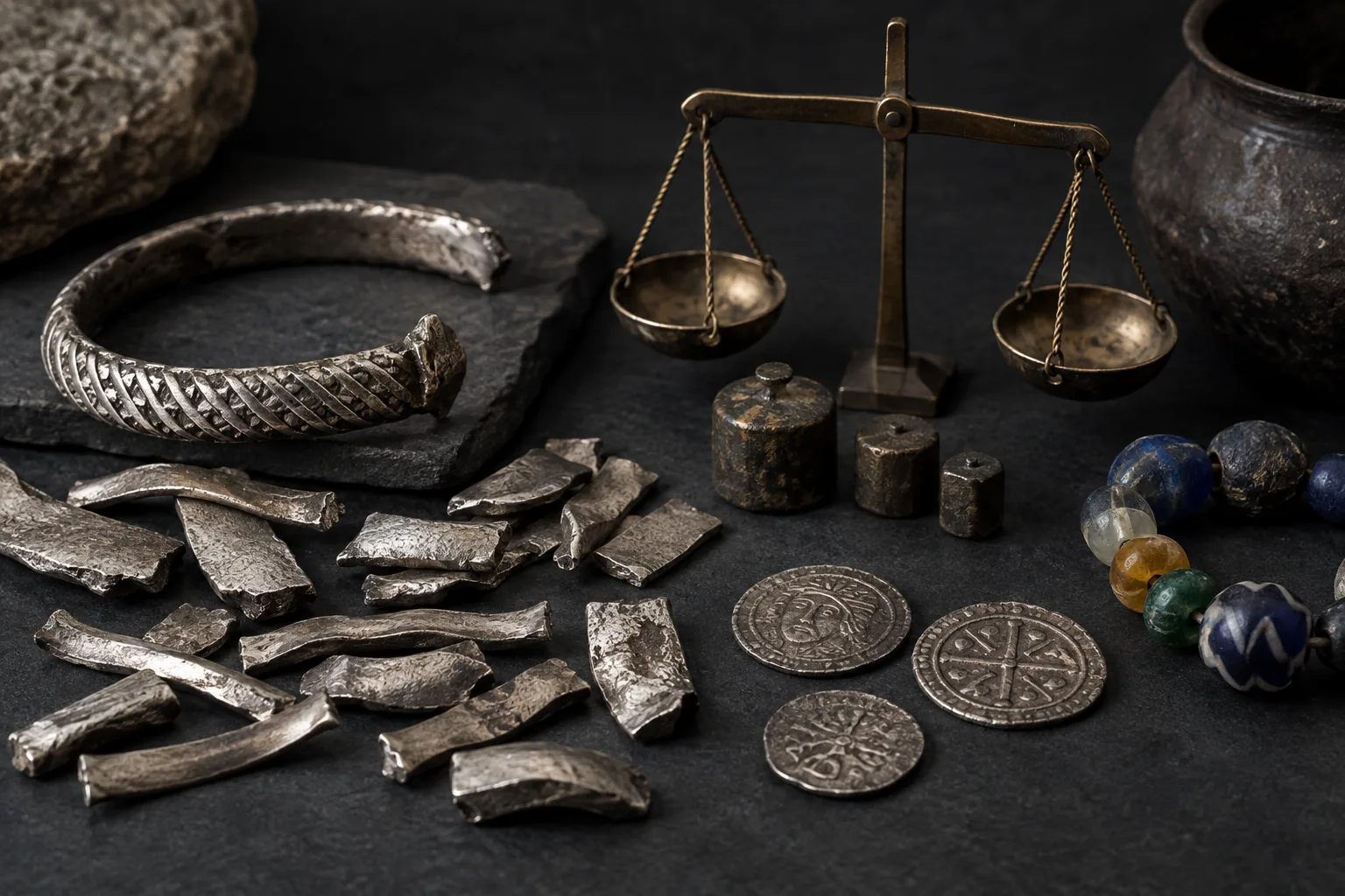 Silver arm ring hacksilver scales weights beads and coins illustrating Viking Age trade