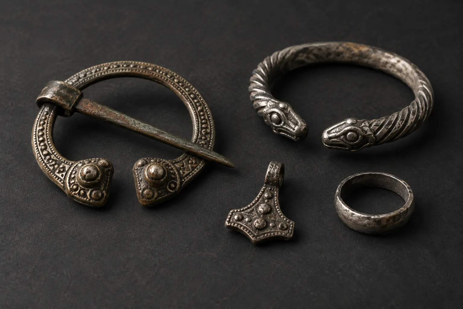 Viking-style cloak brooch arm ring pendant and simple ring in a museum still life