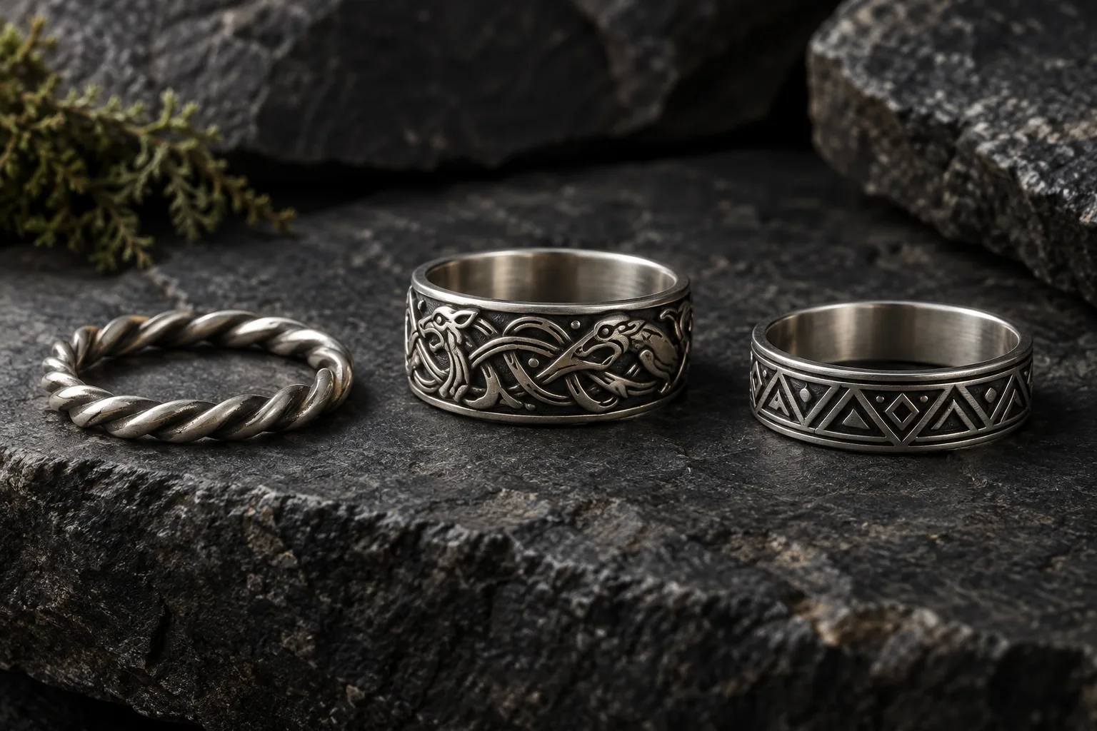 Three modern Viking-inspired sterling silver rings with twist animal and geometric designs