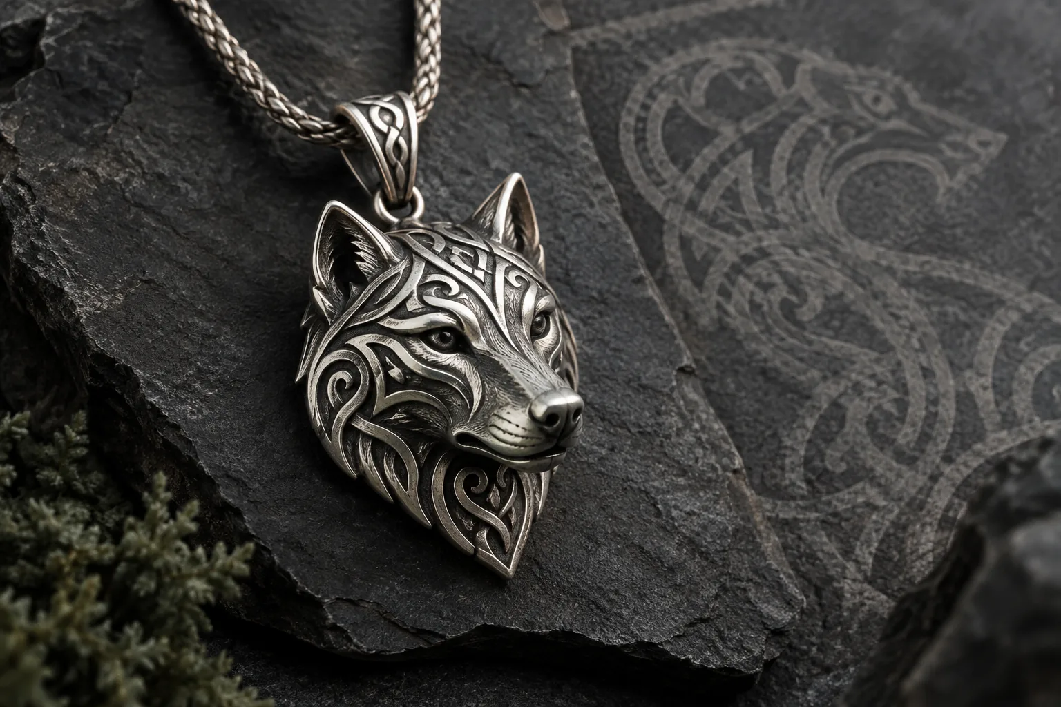 Modern sterling silver wolf pendant with restrained Nordic animal-art details