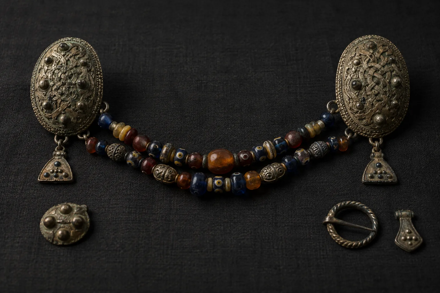 Pair of Viking-style oval brooches joined by amber and colored glass bead strands