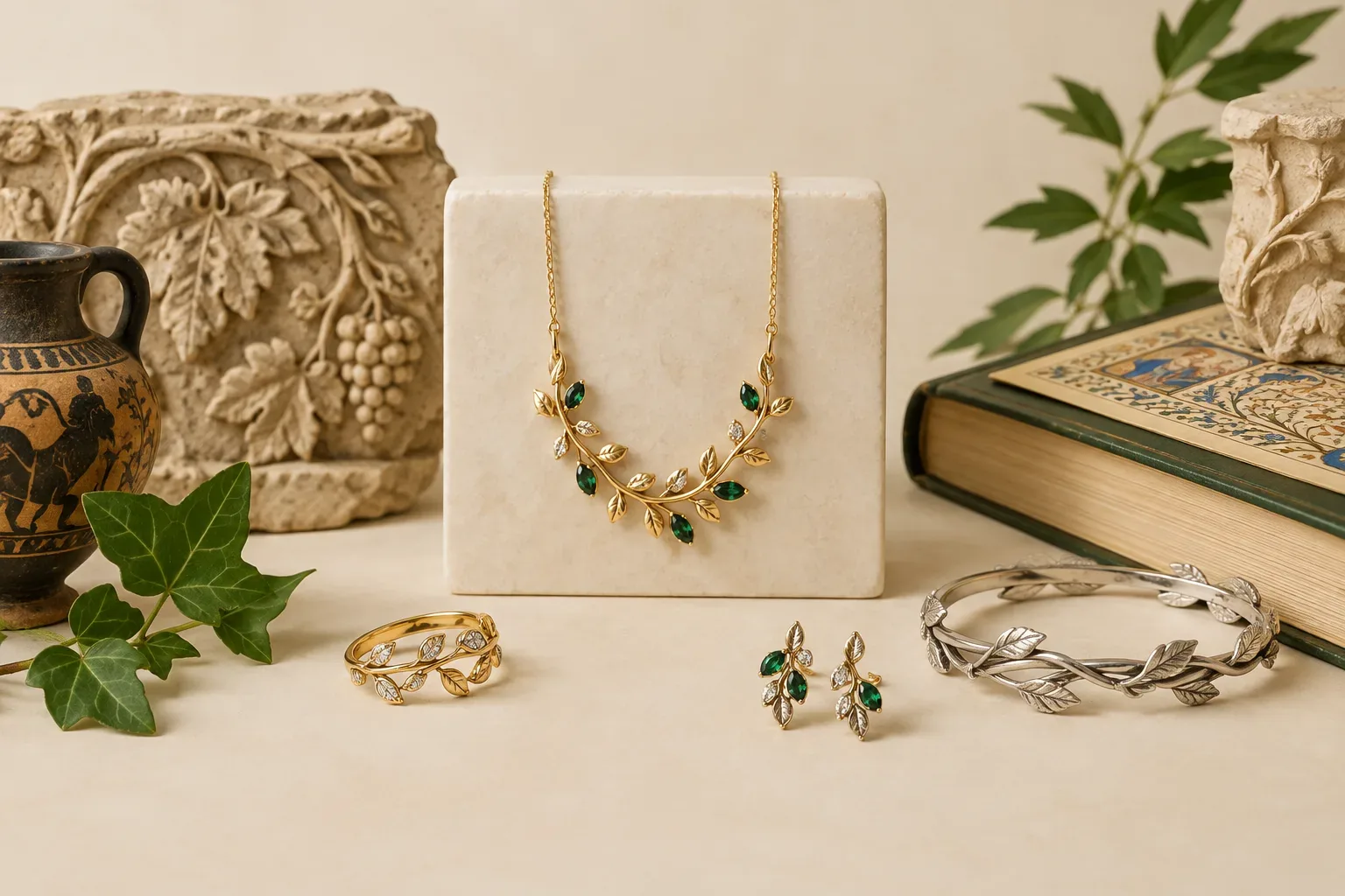 Editorial jewelry still life for Vine Jewelry Meaning: History, Symbolism, and Modern Wear