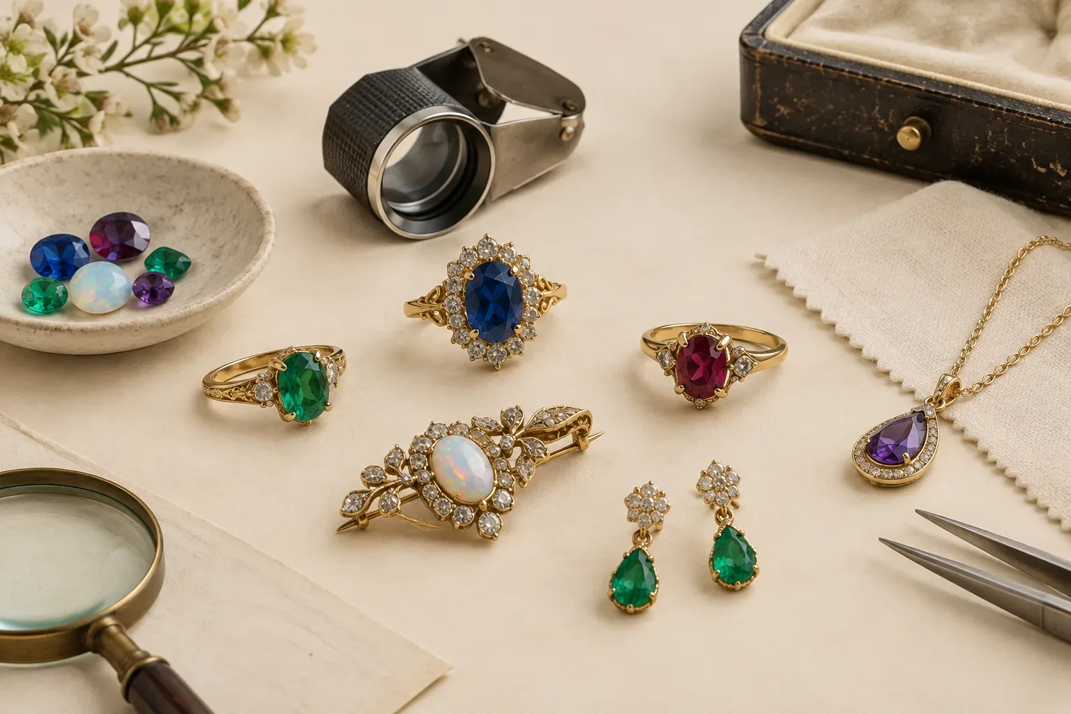 Editorial jewelry still life for Vintage Birthstone Jewelry: Dating, Condition, and Buying Questions