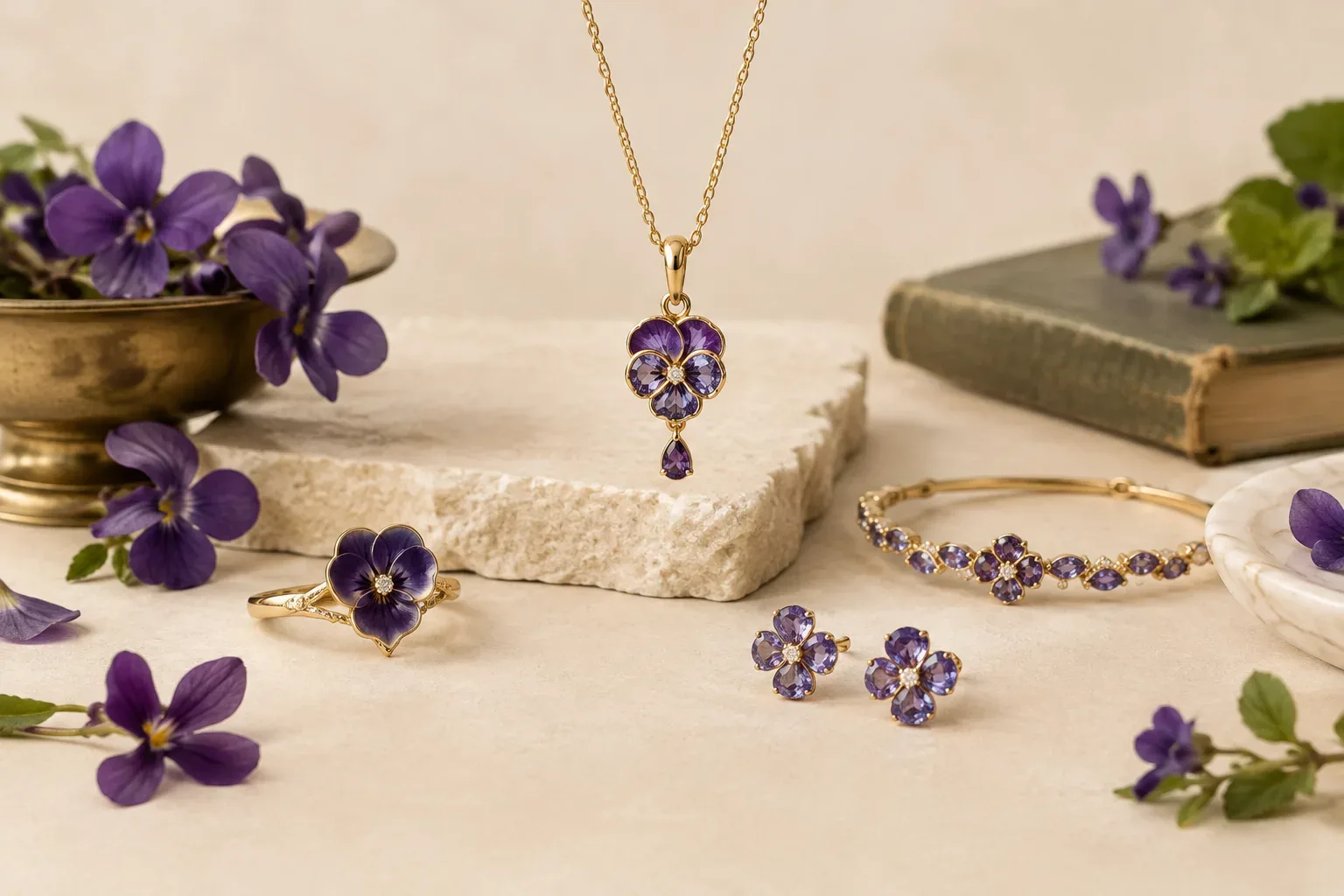 Editorial jewelry still life for Violet Jewelry Meaning: History, Symbolism, and Modern Wear