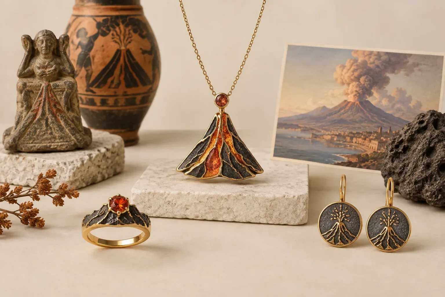 Editorial jewelry still life for Volcano Jewelry Meaning: History, Symbolism, and Modern Wear