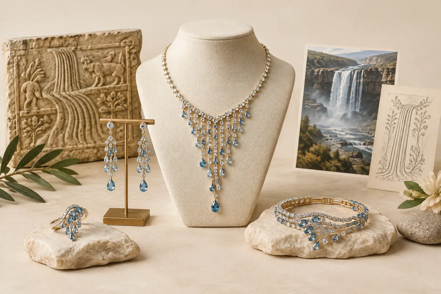 Editorial jewelry still life for Waterfall Jewelry Meaning: History, Symbolism, and Modern Wear