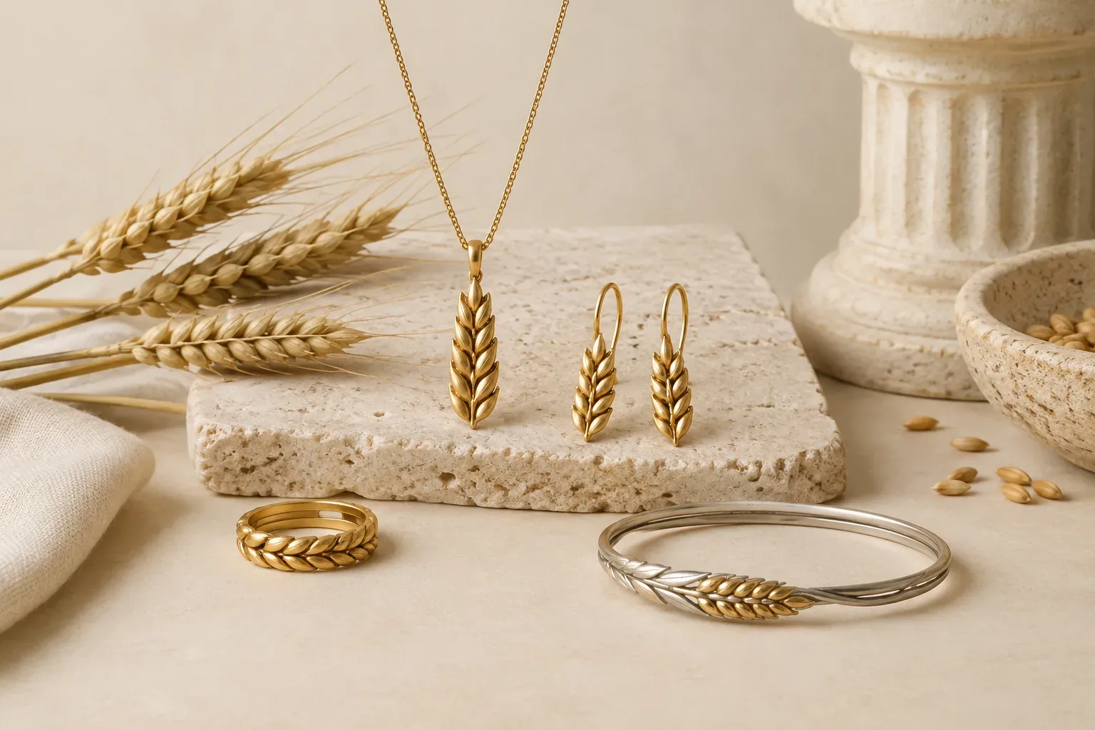 Editorial jewelry still life for Wheat Jewelry Meaning: History, Symbolism, and Modern Wear