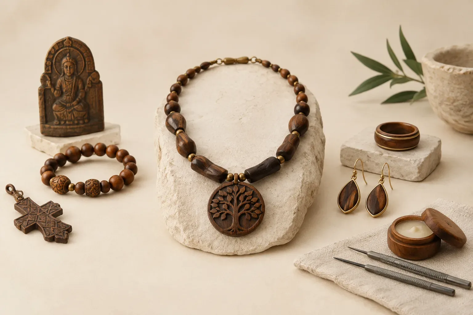 Editorial jewelry still life for Wood Jewelry Repair and Maintenance Guide: Warning Signs and Professional Help