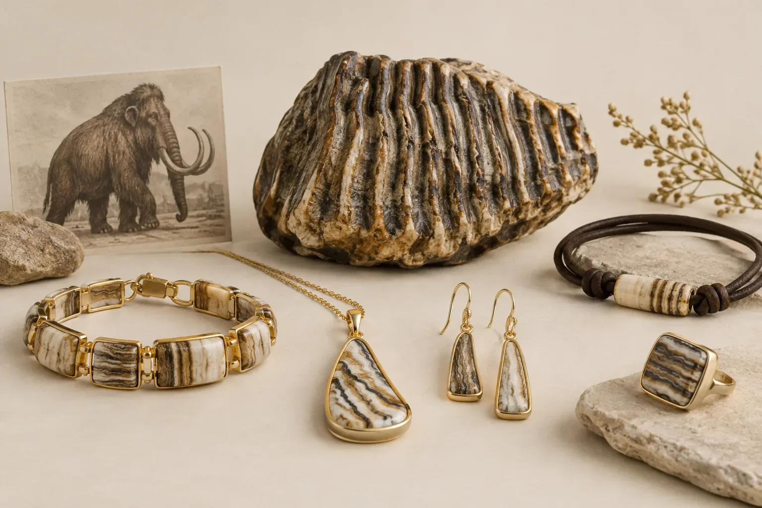Editorial jewelry still life for Woolly Mammoth Tooth Jewelry Buying Guide: Authenticity, Treatment, and Care