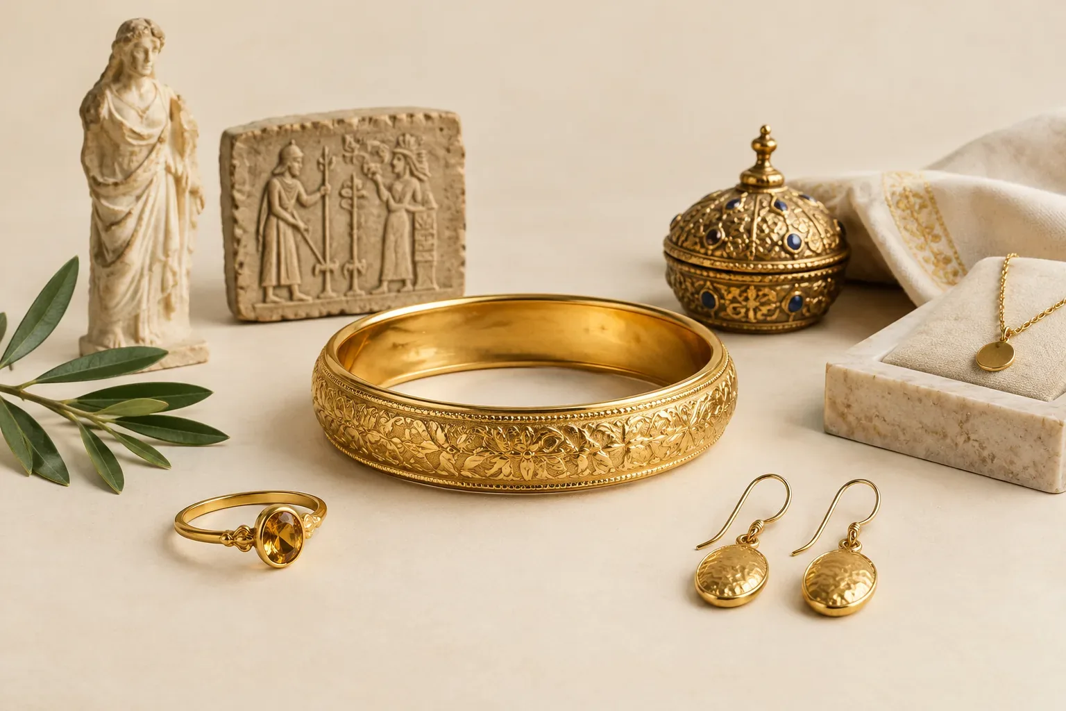 Editorial jewelry still life for Yellow Gold Jewelry Explained: Composition, Hallmarks, and Disclosure