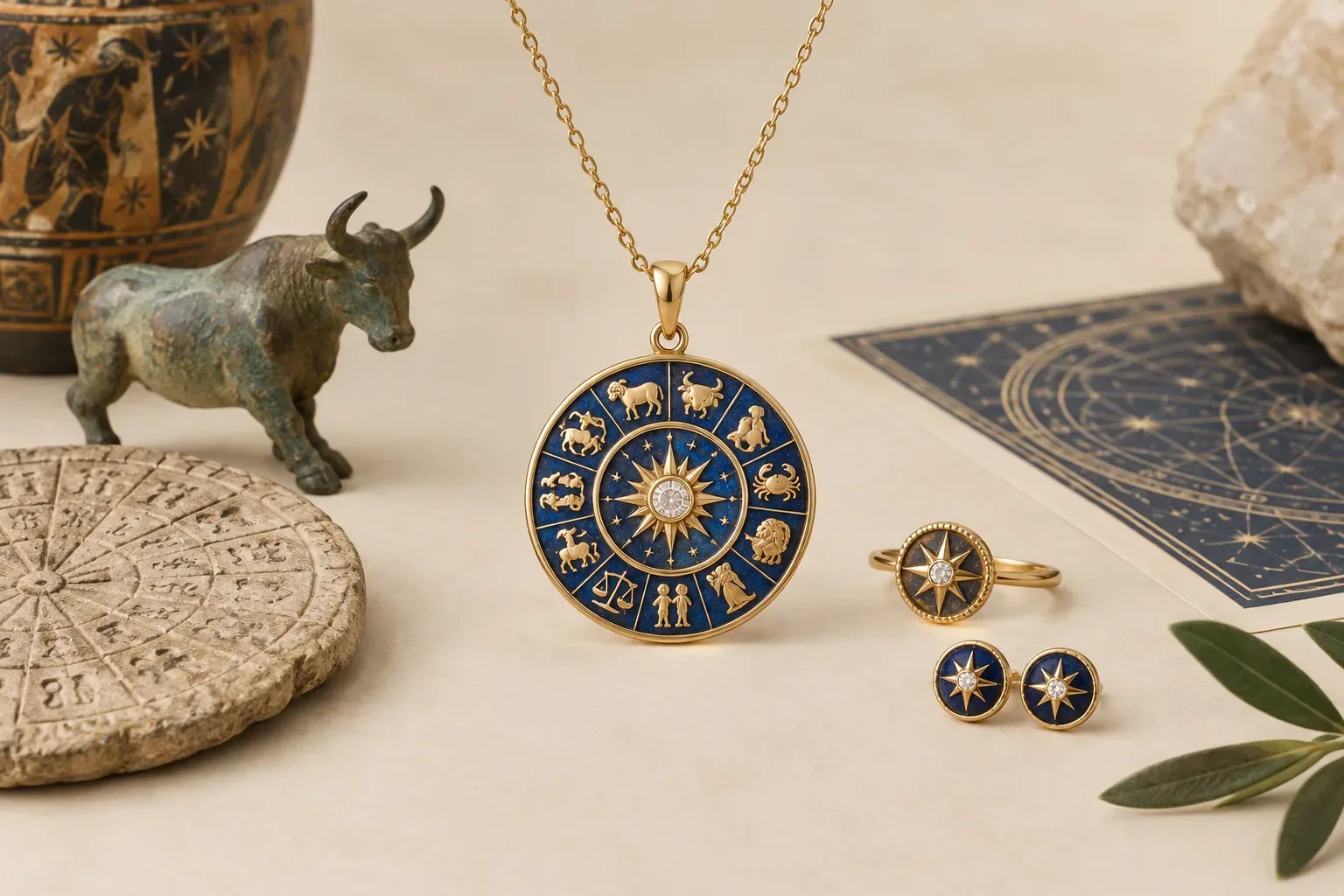 Editorial jewelry still life for Zodiac Wheel Jewelry Meaning: History, Astronomy, and Modern Symbolism